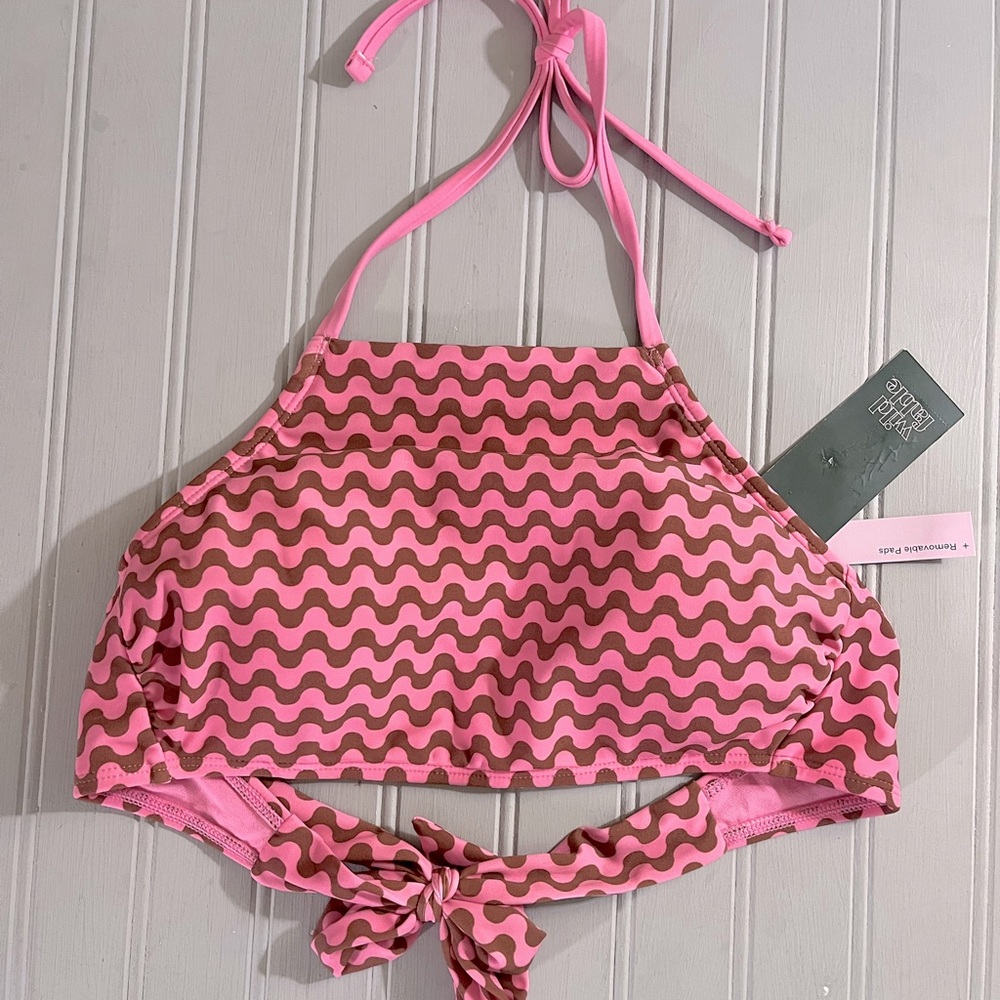 Wild Fable Tie Back‎ Halter Swim Top Womens Small Pink Brown Waves Stretchy NWT